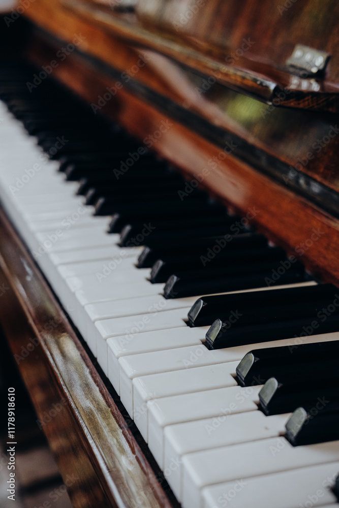 Close-up of piano keys highlighting the artistry of music in a cozy setting during late afternoon Close-up of piano keys highlighting the artistry of music in a cozy setting during late afternoon