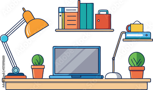 Illustrated office desk setup with a laptop, table lamp, books, and decorative plants creating a minimalist and productive workspace vibe