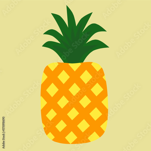 Illustration of pineapple fruit with leaves. Ananas comosus. Bromeliaceae.
