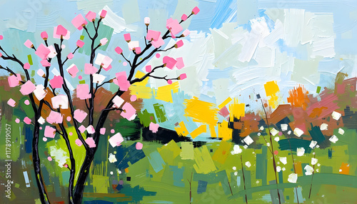 Wallpaper Mural Abstract Painting. Vibrant and Colorful Nature Landscape. Tree, Pink Blossoms, Flowers, Geometric Shapes, Bold Brushstrokes in Green, Yellow, Blue, Spring Background Torontodigital.ca