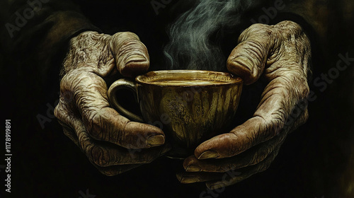 A detailed close-up of a manâs hands holding a steaming cup of coffee, veins and wrinkles visible on his skin. photo