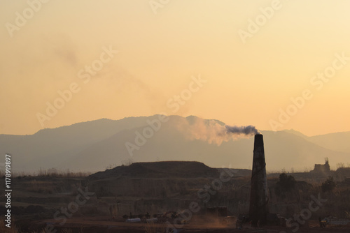 Tableau sur toile Mud brick kilns in india producing smoke or pollution, Brickfields near Dhaka, P