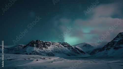 A snow covered mountain range under a starry night sky with the aurora borealis in the background. photo