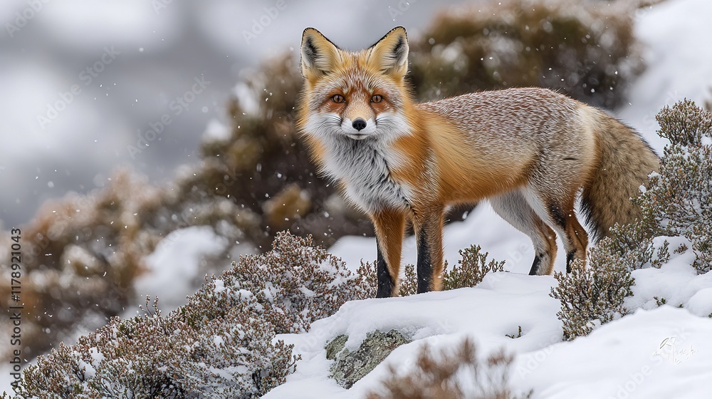 Red Fox Standing In Snowy Winter Landscape Red Fox Standing In Snowy Winter Landscape