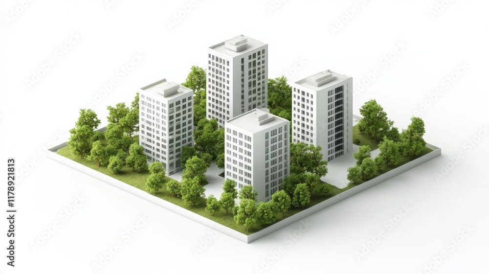 White buildings and green trees in the city three dimensional perspective White background, white theme White buildings and green trees in the city three dimensional perspective White background, white theme