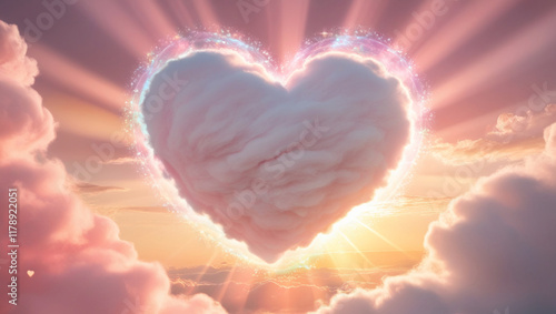 Heart in the clouds. Heart-Shaped Cloud in a Magical Sunset Sky with Sparkling Stars. Valentine's Day or Wedding Banner. Greeting card, Valentine's Day or Wedding Invitation.