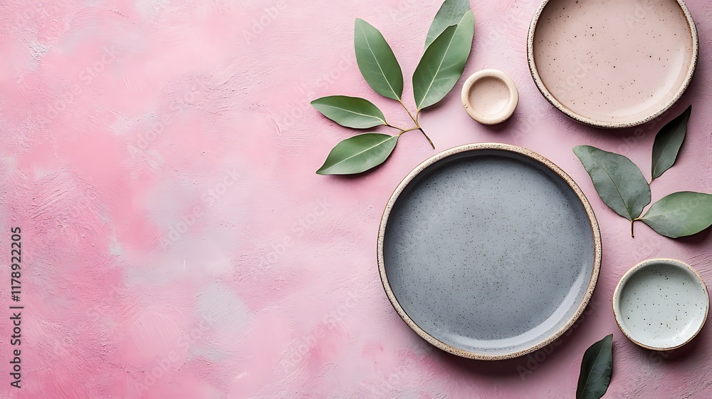 Pink background, ceramic plates, green leaves, food styling, flat lay. Pink background, ceramic plates, green leaves, food styling, flat lay.