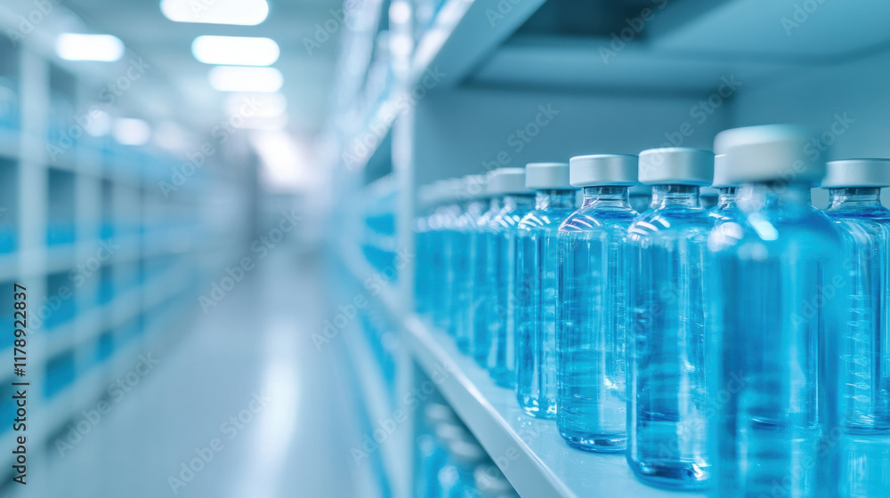 Rows of Clear Medical Bottles in Sterile Pharmaceutical Storage Room Rows of Clear Medical Bottles in Sterile Pharmaceutical Storage Room