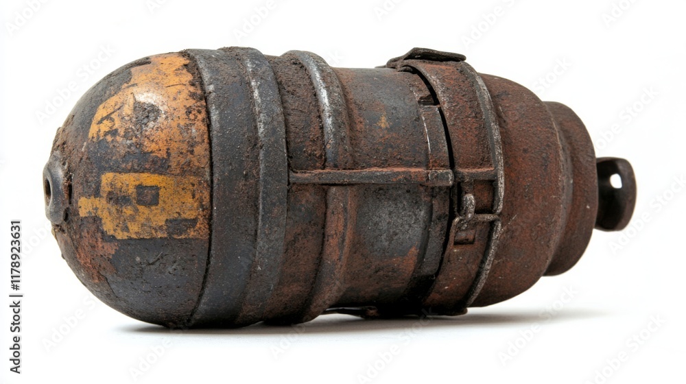 Fototapeta premium A vintage hand grenade showcasing timeworn design. Its rusty surface tells a story of history. This image highlights the artistry of antique weaponry. Generative AI