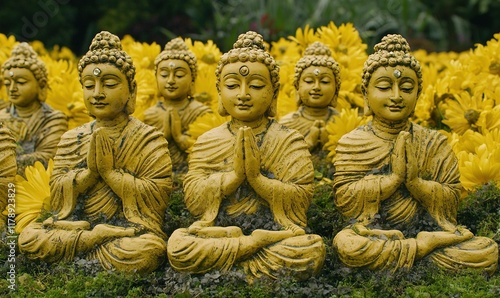 Golden Buddha statues praying amidst yellow flowers in a serene garden setting, ideal for spiritual or meditation themes. photo