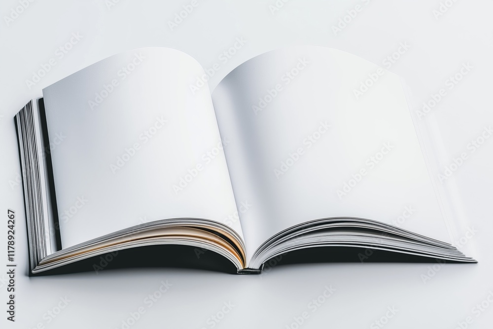 An open softcover book with blank white pages, displayed in a clean, minimalistic setting, perfect for showcasing editorial content or design layouts An open softcover book with blank white pages, displayed in a clean, minimalistic setting, perfect for showcasing editorial content or design layouts