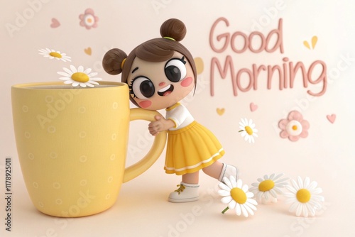 Cute cartoon girl, good morning text, double buns hairstyle, yellow skirt, isolated on background.