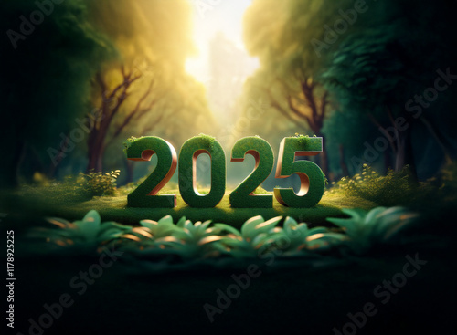 Mysterious forest path, sunlit clearing reveals 2025 in mossy numerals.  A hopeful, nature-filled vision of the future. photo