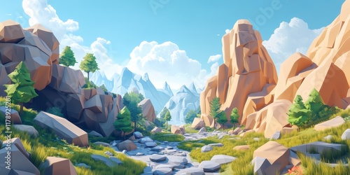 A mountain range with a river running through it. The sky is clear and the sun is shining