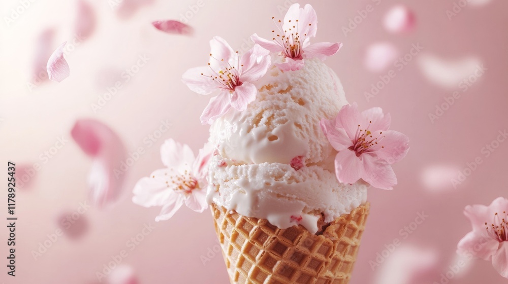 Ice cream cone with cherry blossoms and petals flying on a pink background. Ice cream cone with cherry blossoms and petals flying on a pink background.