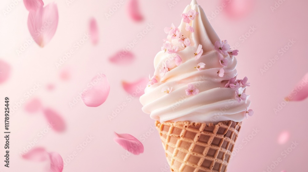 Ice cream cone with cherry blossoms and petals flying on a pink background. Ice cream cone with cherry blossoms and petals flying on a pink background.