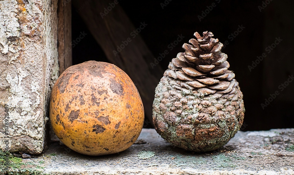 Obraz premium Gourd and pinecone on windowsill, rustic background.