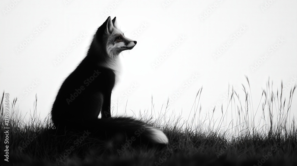 A silhouette of a fox sitting in tall grass, captured in black and white against a minimalist backdrop.