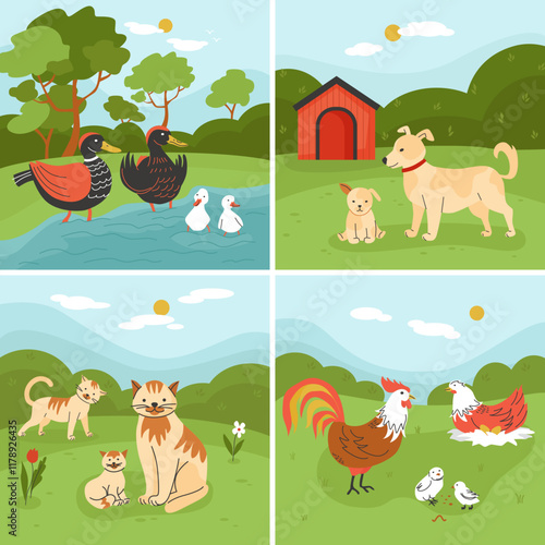 Hand drawn animal drawing square illustration set