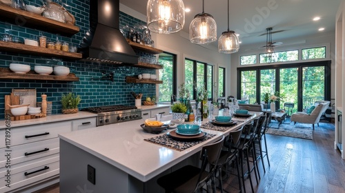 This stylish modern kitchen showcases teal accents, open shelves, and abundant natural light, creating a warm and inviting atmosphere perfect for cooking and entertaining.