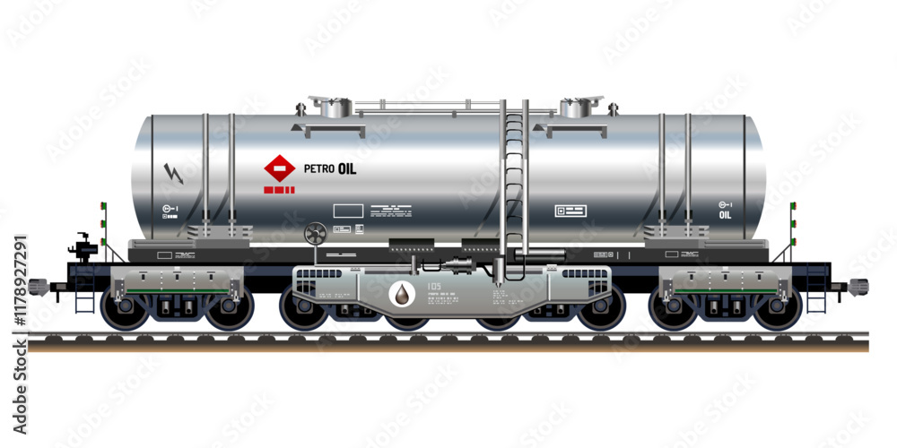 Naklejka premium Freight train railway carriage petroleum liquid oil tanker heavy cargo industries 3D vector illustration