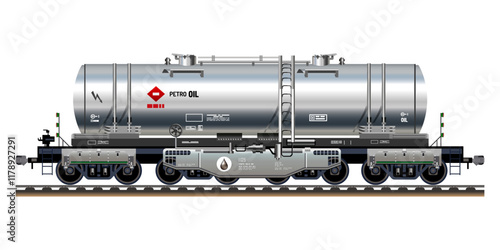 Freight train railway carriage petroleum liquid oil tanker heavy cargo industries 3D vector illustration