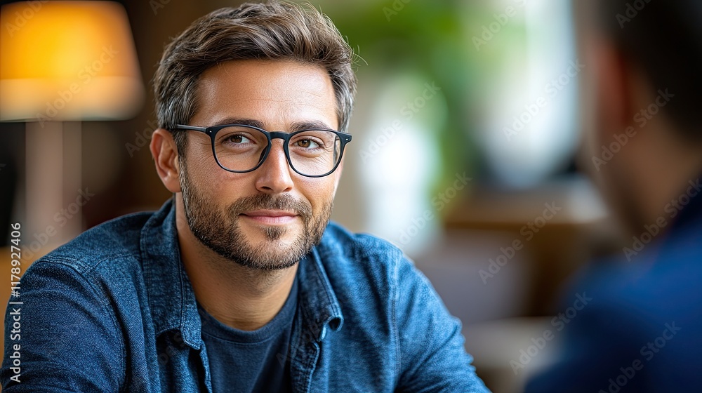 Man with glasses smiles while engaging in conversation in a cozy cafe during the afternoon Man with glasses smiles while engaging in conversation in a cozy cafe during the afternoon