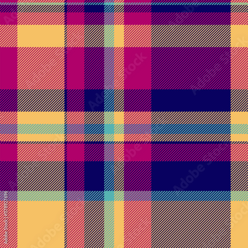 Rug plaid pattern texture, craft fabric background tartan. Oilcloth vector textile check seamless in indigo and amber colors.