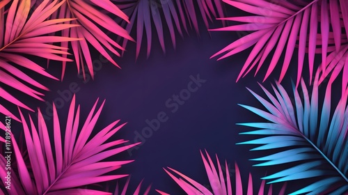 neon palm leaves frame, tropical background - neon colors