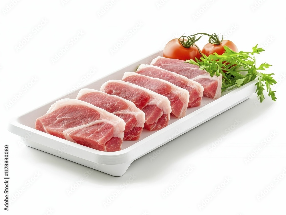 Packaged pork belly Fresh pork chops garnished with herbs and tomatoes. Packaged pork belly Fresh pork chops garnished with herbs and tomatoes.