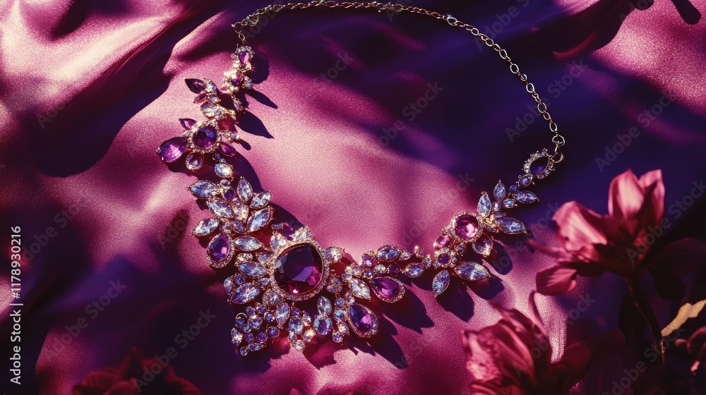 Bold statement necklace in gold, lying on a royal purple background, luxurious and dramatic composition. Bold statement necklace in gold, lying on a royal purple background, luxurious and dramatic composition.