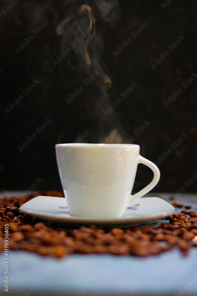 Obraz premium Coffee cup and coffee beans on black background, stock photo