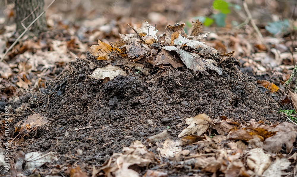 Molehill with fresh soil and dry leaves on forest floor in autumn. Molehill with fresh soil and dry leaves on forest floor in autumn.