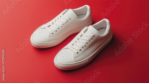 Wallpaper Mural Casual white sneakers on a bold red background, creating a striking contrast. Torontodigital.ca