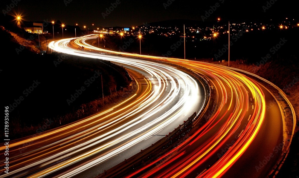 Night highway traffic light trails curve with city lights background, transportation concept. Night highway traffic light trails curve with city lights background, transportation concept.