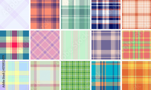 Collection of 16 vibrant plaid patterns. Perfect for textile design, fashion, websites, or any project needing a textured, stylish background.