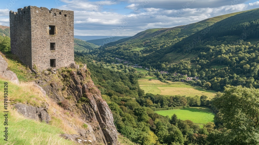 Cliff view with an old castle ruin perched on the edge, overlooking a lush green valley below. Cliff view with an old castle ruin perched on the edge, overlooking a lush green valley below.