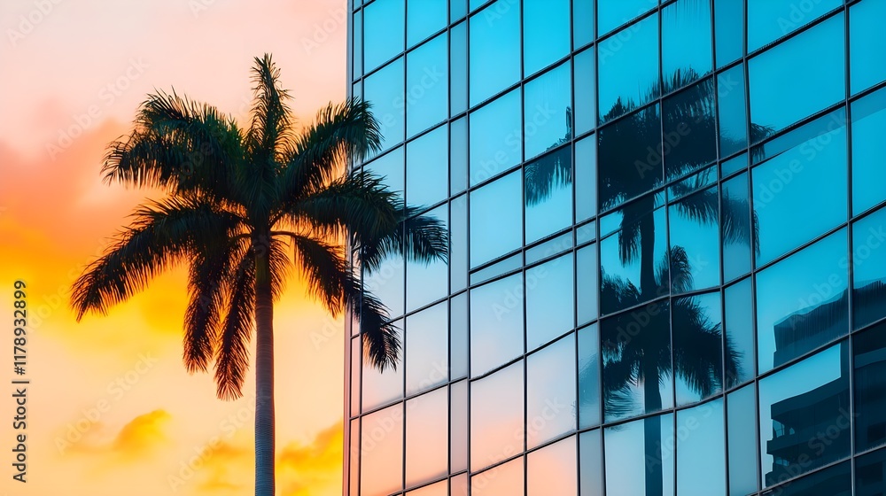 Naklejka premium sunset palm tree reflection on modern building - minimalism