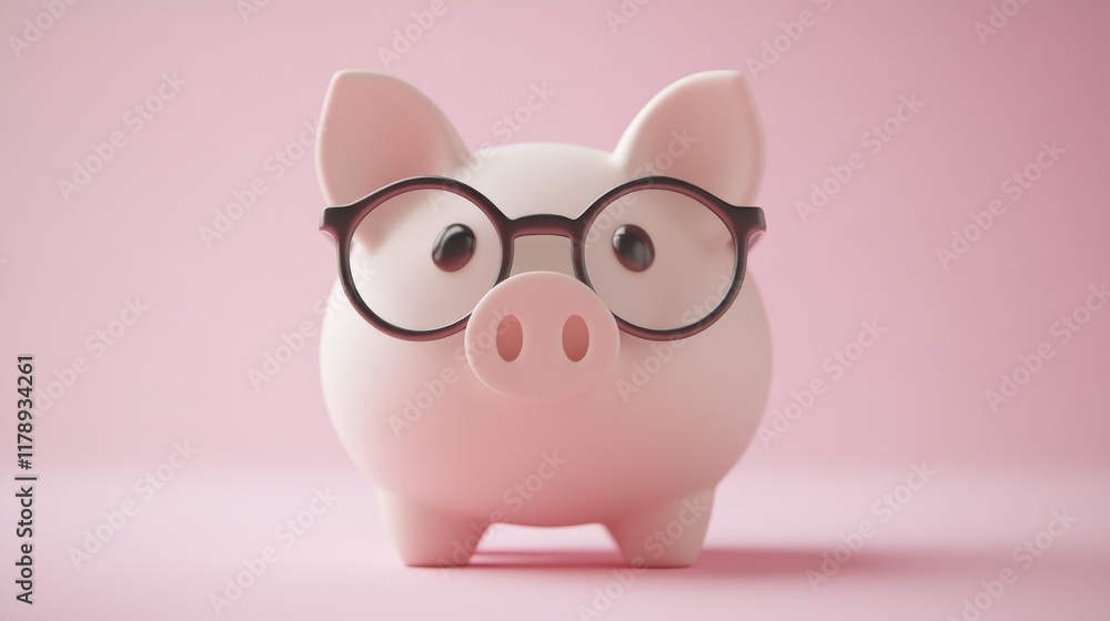 Cute piggy bank with glasses on a light pink background, symbolizing smart savings. Cute piggy bank with glasses on a light pink background, symbolizing smart savings.