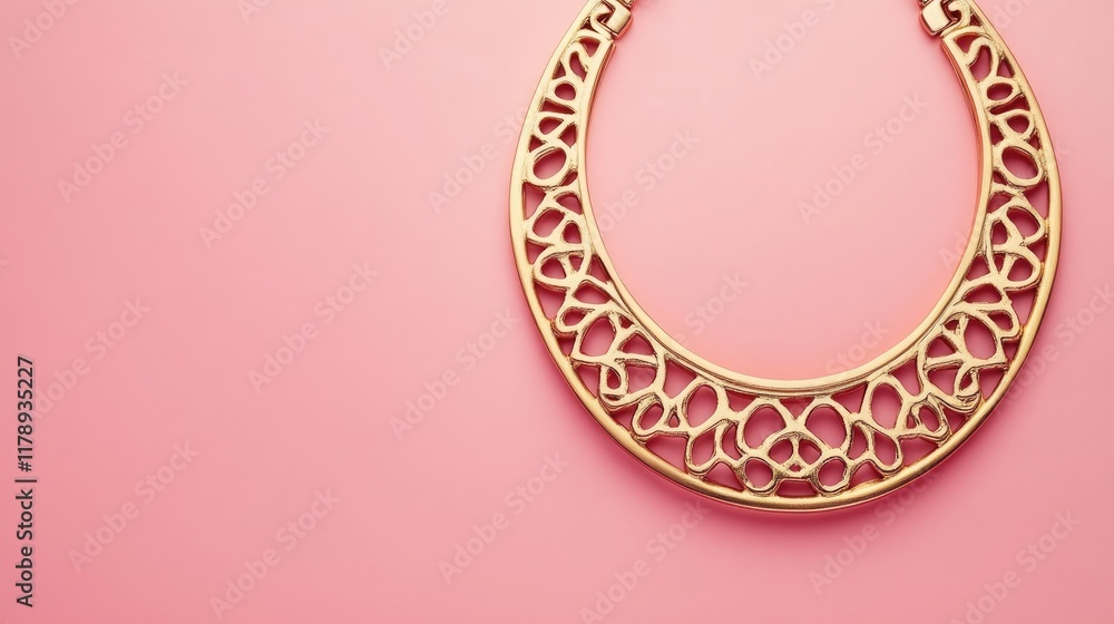 Fototapeta premium Elegant gold necklace with intricate design, placed on a soft pastel pink background, minimalistic and stylish.