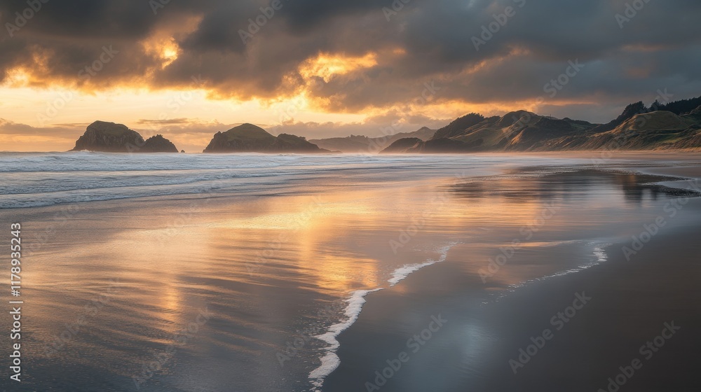 Serene Sunrise on a Tranquil Beach, soft golden light illuminating gentle waves, inviting calm and reflection in the early morning. Serene Sunrise on a Tranquil Beach, soft golden light illuminating gentle waves, inviting calm and reflection in the early morning.