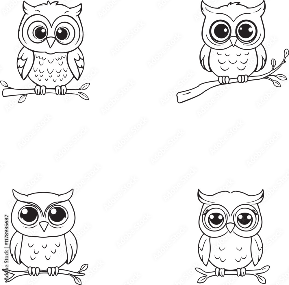 Fototapeta premium Set of vector illustration of a cute Owl hand drawing coloring activity for children book page