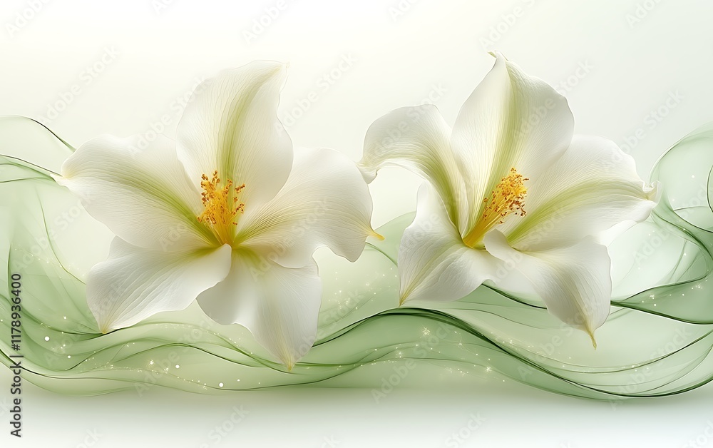 Naklejka premium Two elegant white lilies on flowing green fabric.