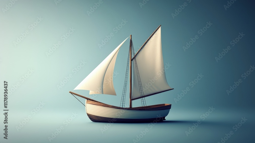 A beautifully crafted model sailboat with white sails resting on a smooth surface against a soft blue background. A beautifully crafted model sailboat with white sails resting on a smooth surface against a soft blue background.