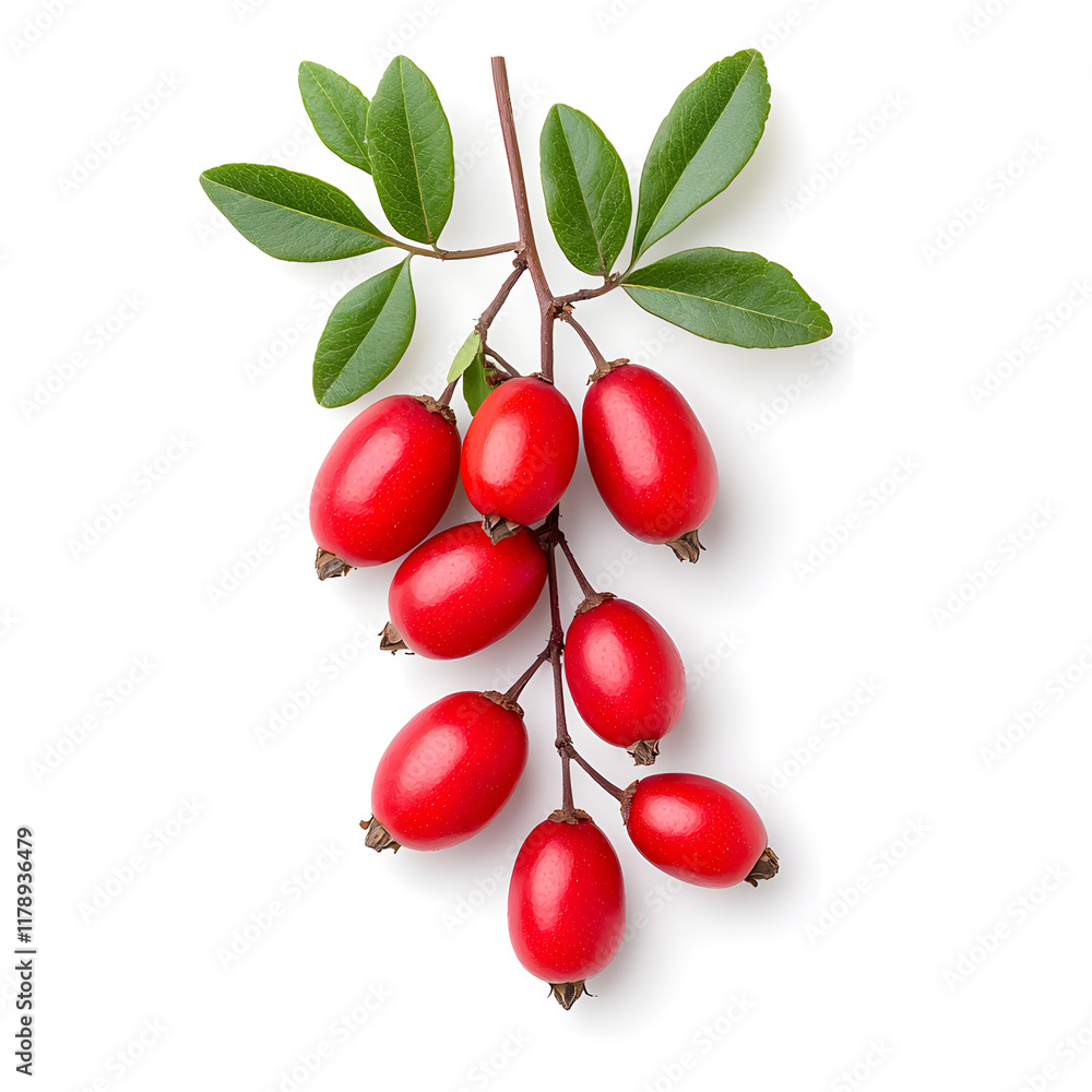 Fresh juicy organic barberry on branch with green leaves, isolated white background Fresh juicy organic barberry on branch with green leaves, isolated white background