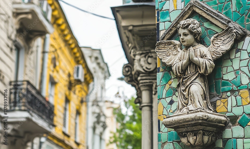 Praying angel statue on mosaic tile wall, urban background. Praying angel statue on mosaic tile wall, urban background.