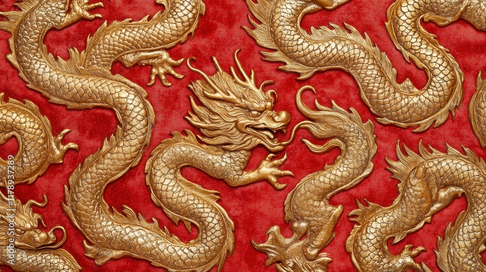 Fototapeta premium Intricate Golden Dragon Patterns on Vibrant Red Background
