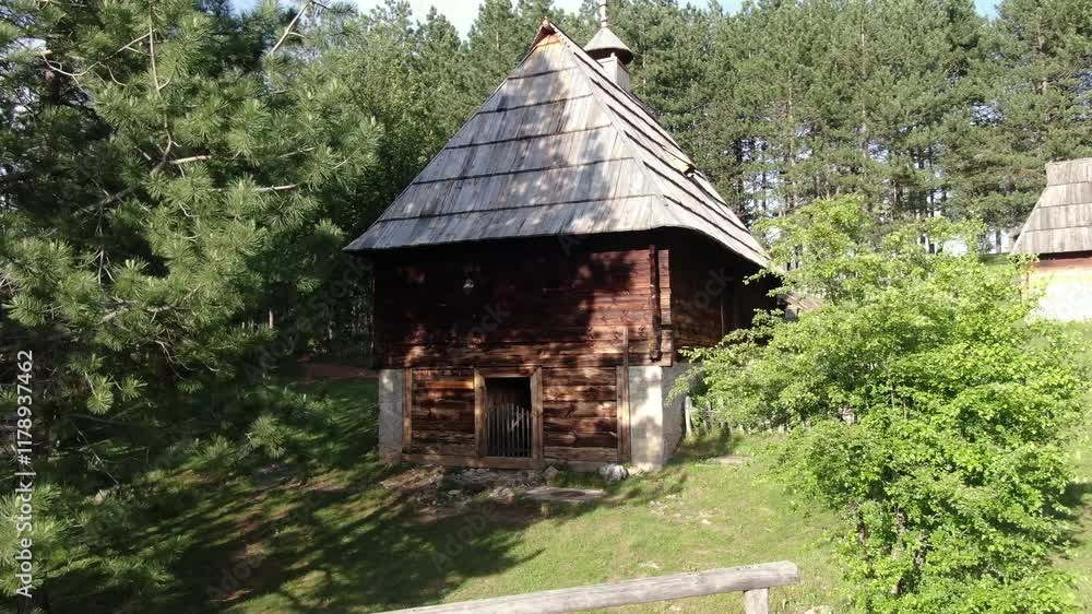 Traditional Wooden Hut in West Side of Serbia, Ethnic Village Sirogojno, Zlatibor. Drone Shot Traditional Wooden Hut in West Side of Serbia, Ethnic Village Sirogojno, Zlatibor. Drone Shot