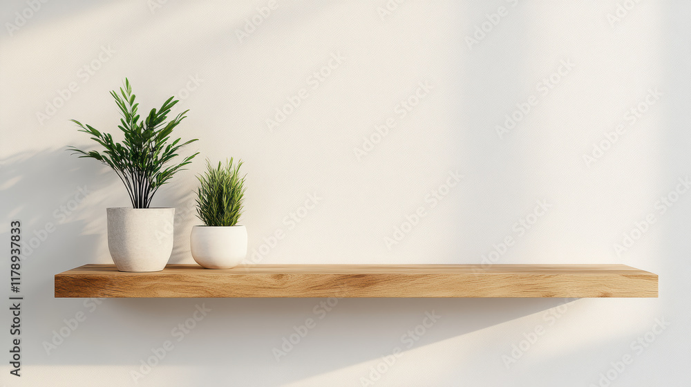 Fototapeta premium simple wall mounted shelf with green plants adds touch of nature