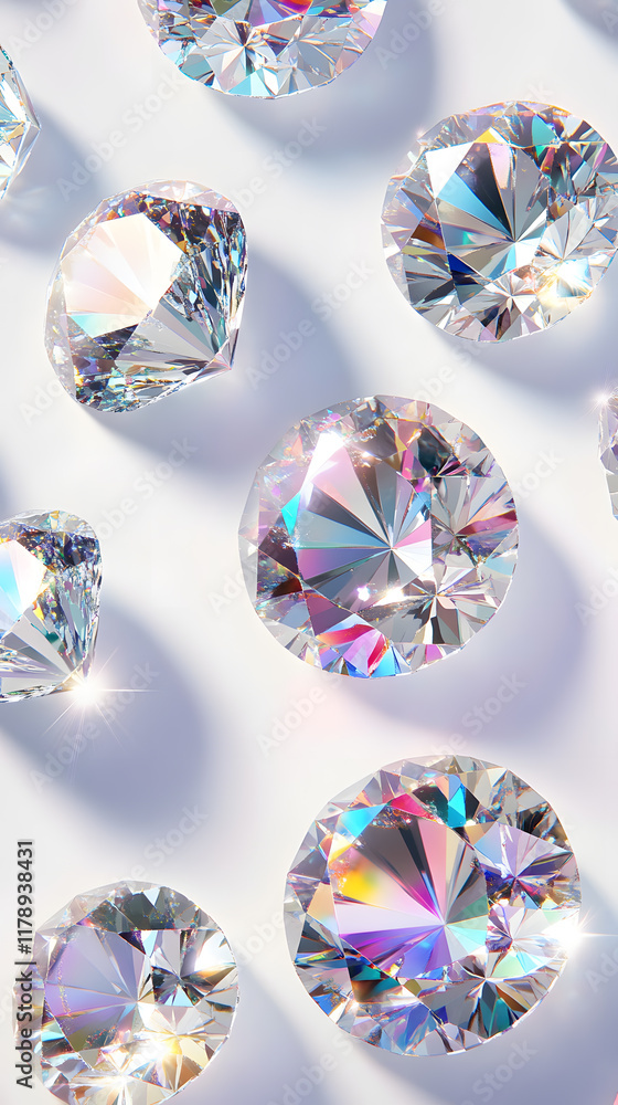 Wallpaper featuring numerous diamonds with abundant reflections and refractions on a white background, Wallpaper featuring numerous diamonds with abundant reflections and refractions on a white background,
